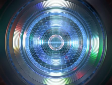 3D illustration. Robotic eye with similarity to the human eye and elements of a photographic lens.