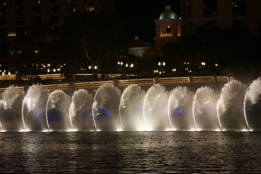 Las Vegas,United States – December 23,2015: The famous water show in front of the luxury Bellagio hotel with water fountains and colorful lighting on Las Vegas Boulevard on the night of December 23,2015 in Las Vegas.