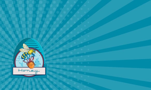 Business card showing illustration of a worker honey bee carrying a honey pot with ribbon with skep in the background set inside circle and the word Honey in the bottom done in retro style.