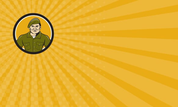 Business card showing illustration of a service ranger standing in full attention viewed from front set inside circle on isolated background done in cartoon style.