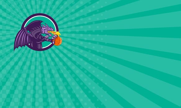 Business card showing illustration of a purple dragon breathing fire clutching holding an orange basketball viewed from the side set inside circle on isolated background done in retro style.
