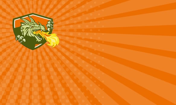 Business card showing illustration of a dragon head breathing fire looking to the side set inside shield crest done in retro style.