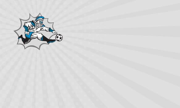 Business card showing illustration of centurion roman warrior soldier gladiator soccer player kicking football ball viewed from side on isolated background done in retro style.