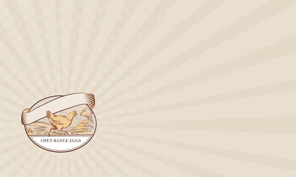 Business card showing Drawing sketch style illustration of a hen running viewed from the side with farm trees in the background and Open Range Eggs label set inside oval shape.