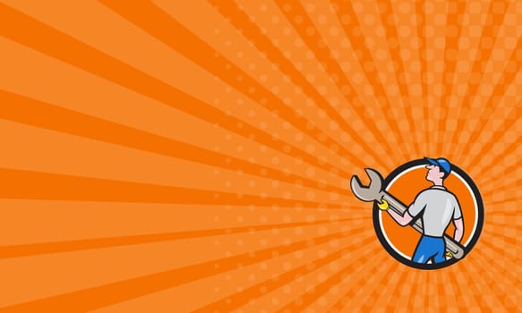 Business card showing illustration of a mechanic carrying giant spanner looking up to the side viewed from rear set inside circle on isolated background done in cartoon style.