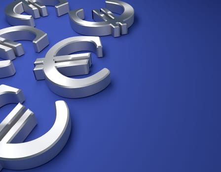 Steel Euro icon on a blue background with space for text, 3d rendering