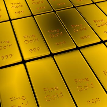 Gold bars in a row, financial concept background, 3d rendering