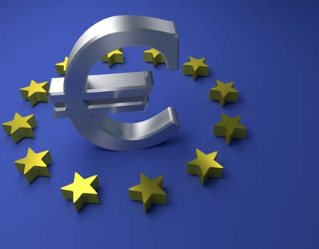 Euro sign with European stars on a blue background, 3d rendering