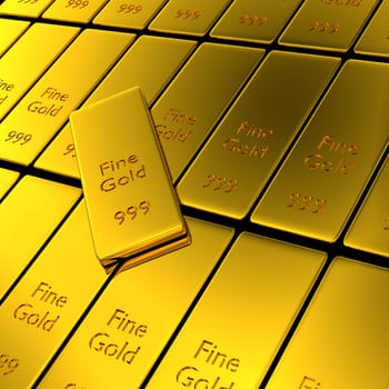 Gold bars in a row, financial concept background, 3d rendering