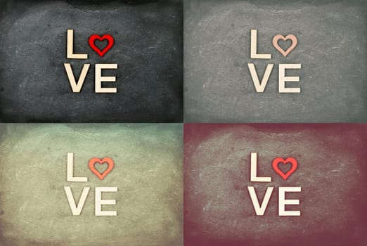 Photo Collage of Vintage Chalkboards with red hearts and word LOVE, creativity and love concept