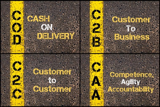 Photo collage of Business Acronyms written over road marking yellow paint line. COD, C2B, C2C, CAA