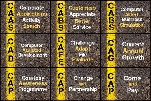 Photo collage of Business Acronyms written over road marking yellow paint line. CAAS, CABS, CAD, CAFE, CAG, CAP