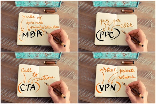 Photo collage of business acronyms and messages. Retro effect and toned image of a woman hand writing a note with a fountain pen on notebook. Business success concept