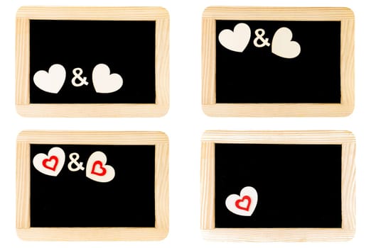 Photo Collage of Vintage Chalkboards with red heart symbols isolated on white, creativity and love concept