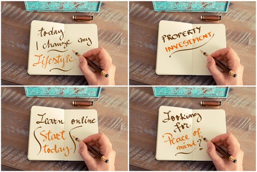 Photo collage of handwritten motivational messages Today I Change My Lifestyle, Property Investment, Learn Online Start Today, Looking For Peace Of Mind