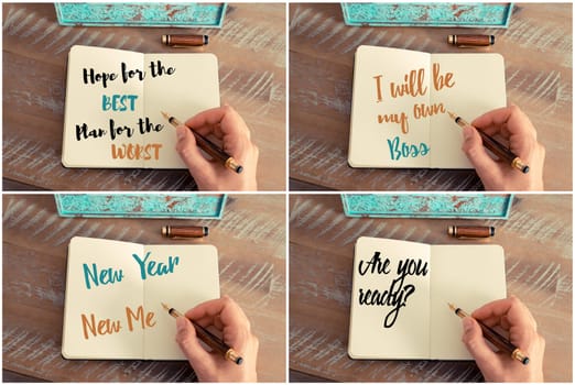 Photo collage of handwritten motivational messages Hope For The Best Plan For The Worst, I will Be My Own Boss, New Year New Me, Are You Ready ?