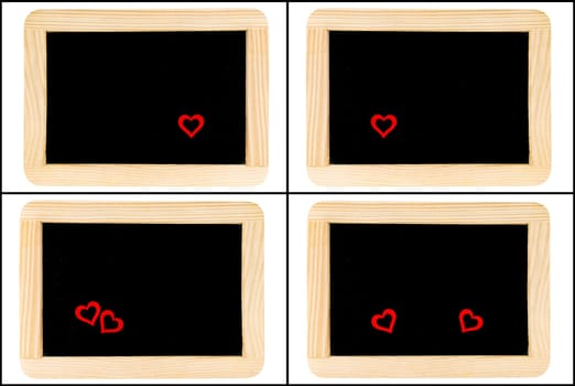Photo Collage of Vintage Chalkboards with red heart symbols isolated on white, creativity and love concept