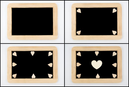 Photo Collage of Vintage Chalkboards with wooden frame isolated on white, craft heart shapes, creativity and love concept