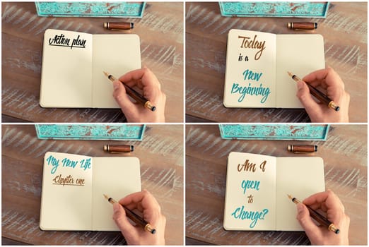 Photo collage of handwritten motivational messages Action Plan, , Where Do I Start, My New Life Chapter One, Today Is A New Beginning, Open To Change.