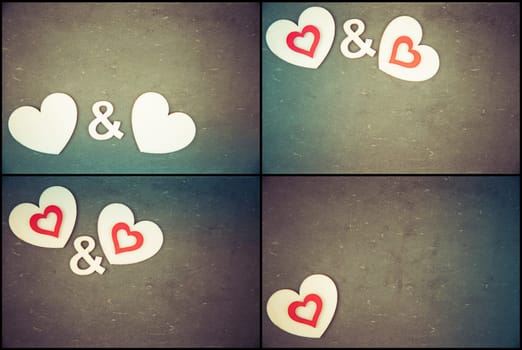 Photo Collage of Vintage Chalkboards with red heart symbols, creativity and love concept