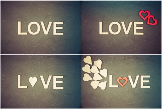 Photo Collage of Vintage Chalkboards with red hearts and word LOVE, creativity and love concept