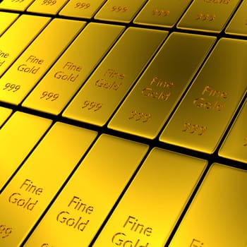 Gold bars in a row, financial concept background, 3d rendering