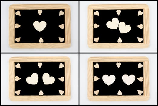 Photo Collage of Vintage Chalkboards with wooden frame isolated on white, craft heart shapes, creativity and love concept