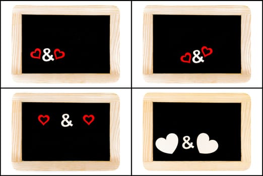 Photo Collage of Vintage Chalkboards with red heart symbols isolated on white, creativity and love concept