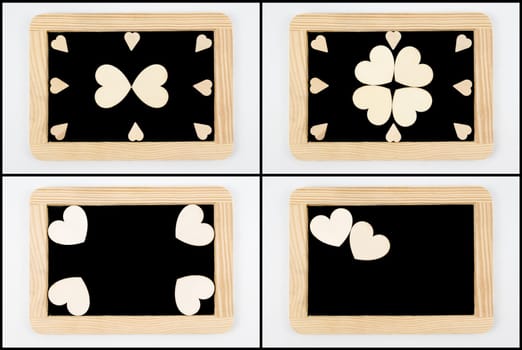 Photo Collage of Vintage Chalkboards with wooden frame isolated on white, craft heart shapes, creativity and love concept