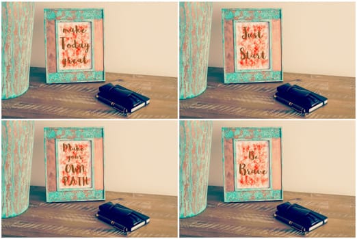 Photo collage of Vintage photo frames with motivational messages Make Today Great, Just Start, Make Your Own Path, Be Brave
