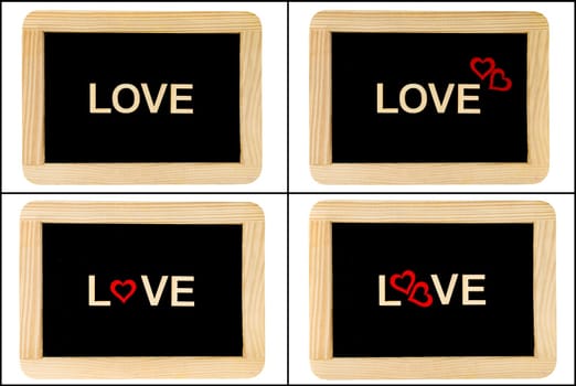 Photo Collage of Vintage Chalkboards with red hearts and word LOVE isolated on white, creativity and love concept