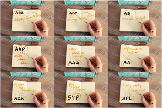 Photo collage of business acronyms and messages. Retro effect and toned image of a woman hand writing a note with a fountain pen on notebook. Business success concept