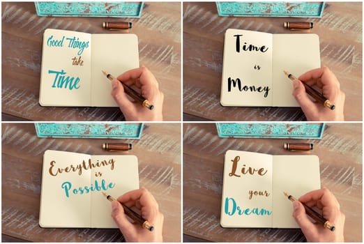 Photo collage of handwritten motivational messages Good Things Take Time, Time Is Money, Everything Is Possible, Live Your Dream.