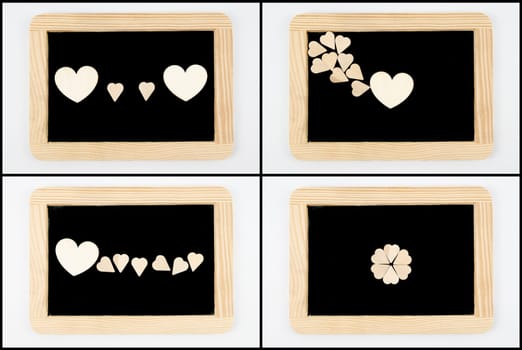 Photo Collage of Vintage Chalkboards with wooden frame isolated on white, craft heart shapes, creativity and love concept