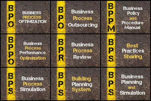 Photo collage of Business Acronyms written over road marking yellow paint line. BPO, BPPM, BPPO, BPR, BPS