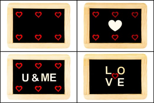 Photo Collage of Vintage Chalkboards with red hearts and word LOVE isolated on white, creativity and love concept