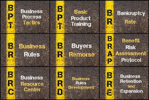 Photo collage of Business Acronyms written over road marking yellow paint line. BPT, BR, BRAP, BRC, BRD, BRE