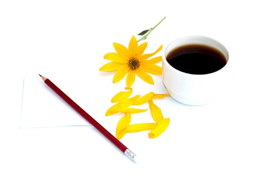 still life a cup of coffee, a pencil with paper and a yellow flower, isolate, a subject seasons spring, drinks and flowers