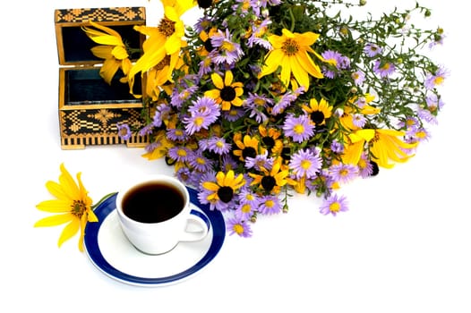 still life beautiful casket, coffee and bouquet of flowers, isolate, subject seasons spring and summer, drinks and flowers