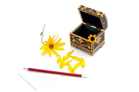 still life a casket, a pencil with paper and a yellow flower, isolate, a subject seasons spring, drinks and flowers