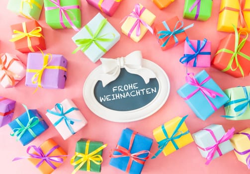 Small gifts wrapped in colorful paper with small ribbons
