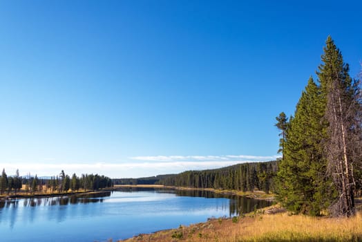 Early morning landscape view of the Yellowstone River in Yellowstone National Park