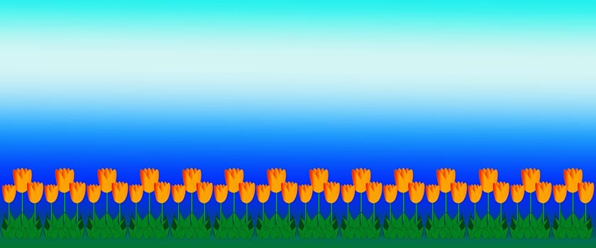Mothers Day Summer or spring background illustration of yellow tulips on border with bright blue sky