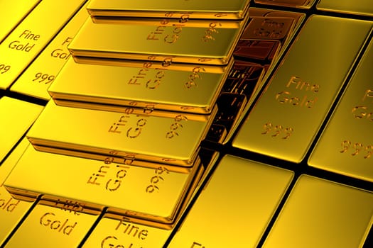 Stacked gold bars like stairs, aim high concept background, 3d rendering