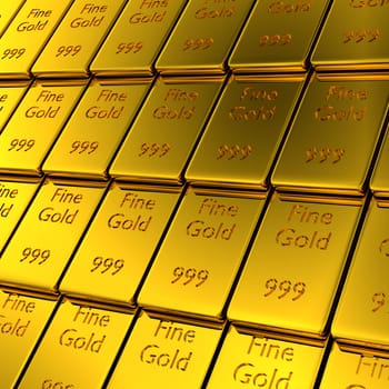 Stacked gold bars in a row, financial concept background, 3d rendering