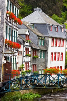 MONSCHAU, GERMANY - JULY 30, 2016: small town Monschau in the Eifel region. The historic town center has many half-timbered houses and narrow streets remained nearly unchanged for 300 years