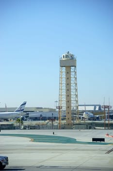 Los Angeles,United States – December 28,2015: A LAX Airport observation tower at the departure runways of Israeli airline El Al on December 28,2015 in Los Angeles.