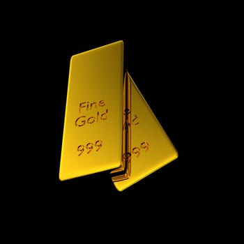Two stacked gold bars on a black background, 3d rendering