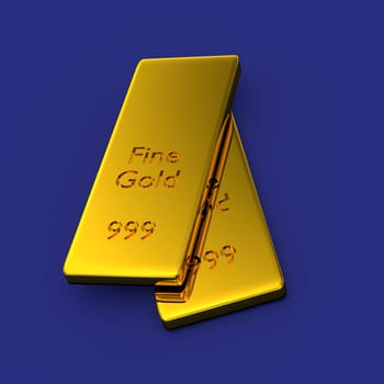 Two stacked gold bars on a blue background, 3d rendering
