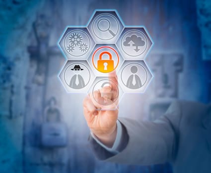 Hand of business man touching closed virtual padlock for fraud prevention. Internet risk and data security concept. Legal metaphor for civil or criminal offense. Locked metal fittings in background.